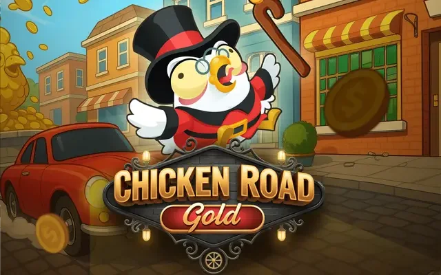 Banner Chicken Road Gold cu găina și monede aurii