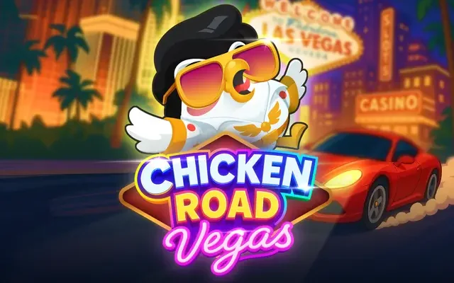 Banner Chicken Road Vegas cu găina în lumini de neon